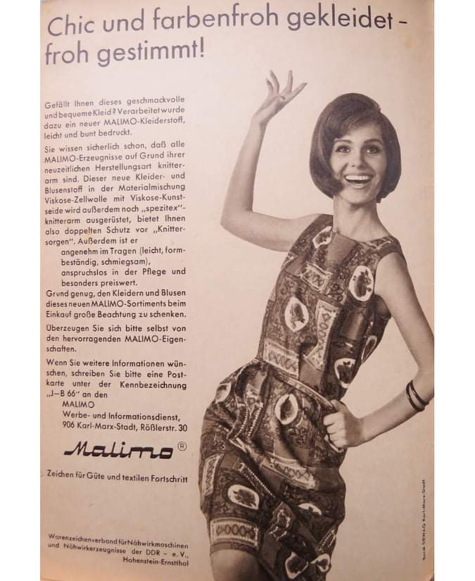 DDR_Reklame's tweet photo. Zur besseren  Vermarktung wurden Kurzworte nach der Formel »Mali« (Namen des Erfinders MAuersberger + Wohnort Limbach-Oberfrohna) + Kurzform der Stoffart gebildet, also #Malimo für Molton, #Maliwatt für Steppwatte, #Malipol für Polfadenverarbeitung. #DDR #GDR #Mode #Kleidung https://t.co/gyFSaHotpV