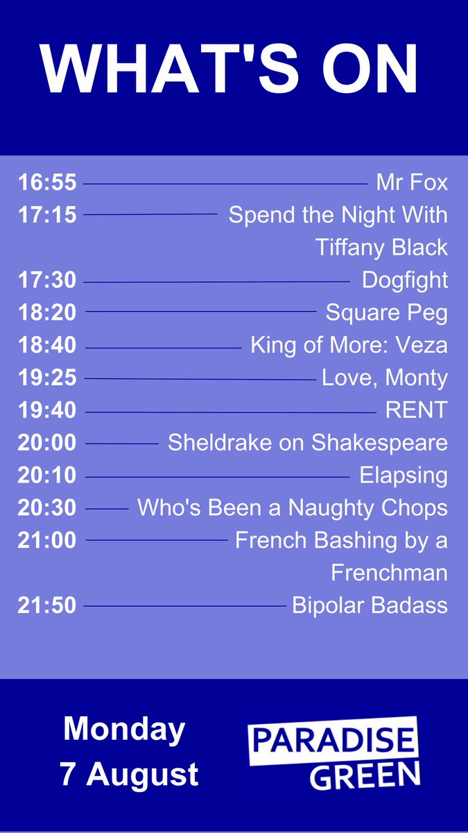ParadiseGreenUK's tweet photo. Our Paradise Green WHAT'S ON for today (Monday 7th)! #edfringe #paradisefringe

If a show is in WHITE, it's being performed in Paradise in Augustines. If a show is in BLUE, it's being performed in Paradise in the Vault.

Check back here every day of Fringe for a daily schedule. https://t.co/W1ttARKNIl