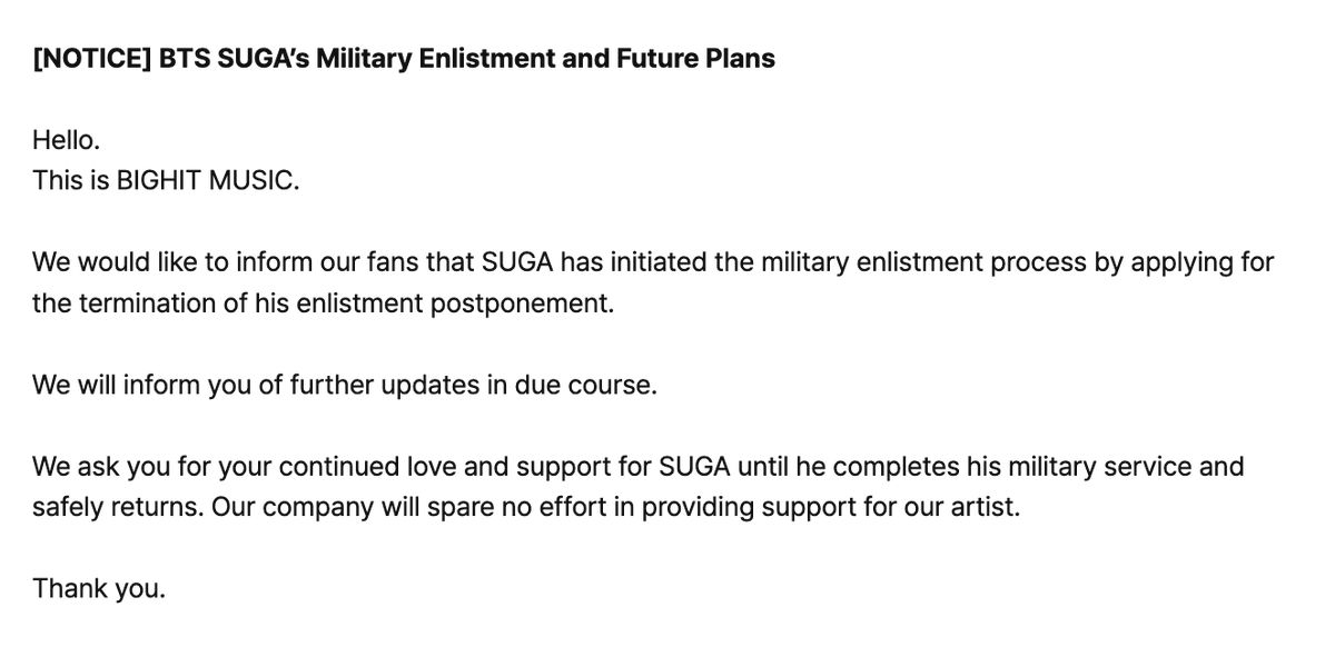 charts_k's tweet image. [Weverse Notice] BTS SUGA’s Military Enlistment and Future Plans