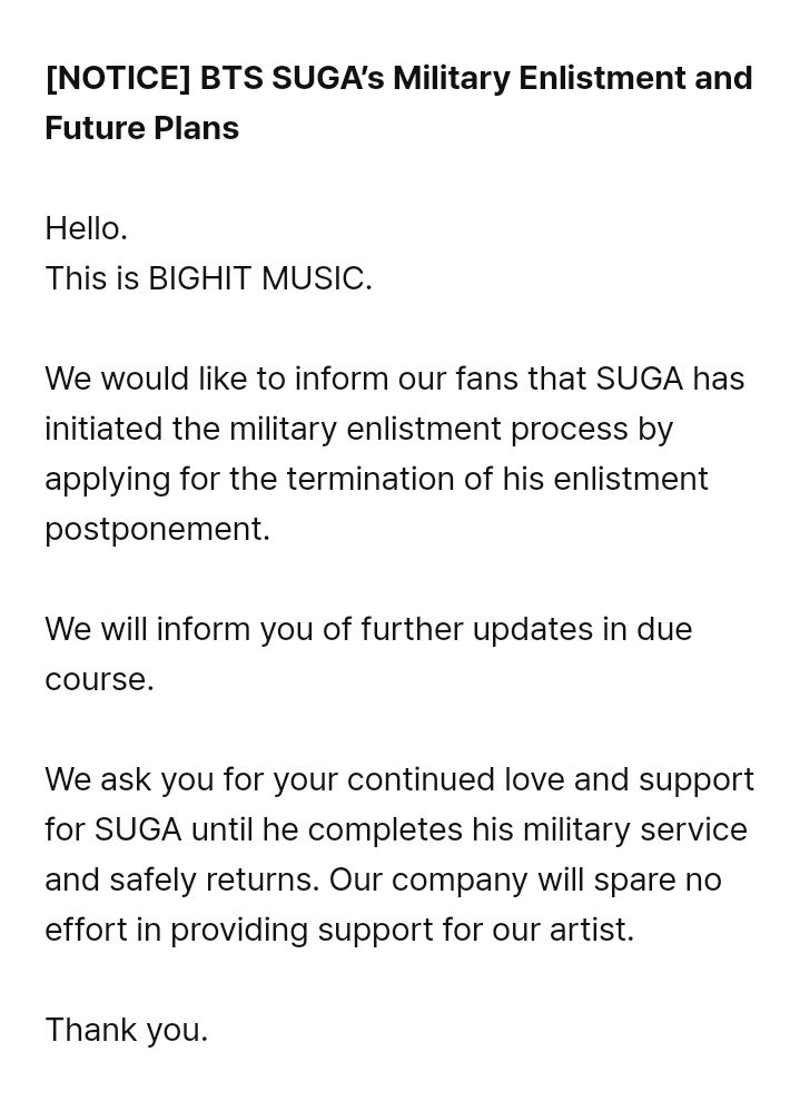thanh01112002's tweet photo. 🛑BIGHIT THÔNG BÁO SUGA ĐÃ BẮT ĐẦU QUÁ TRÌNH  NỘP ĐƠN CHẤM DỨT HOÃN NHẬP NGŨ ( nó sẽ mất khoảng 1-2 tháng chúng ta vẫn còn thời gian bên nhau 😭) .HỌ NÓI RẰNG SẼ LÊN THÔNG BÁO VỀ KHI NÀO SUGA SẮP ĐI SAU

YOONGI AH huhu antue đi sớm về sớm nhé 😭 #SUGA https://t.co/7Wcv6MCmxz