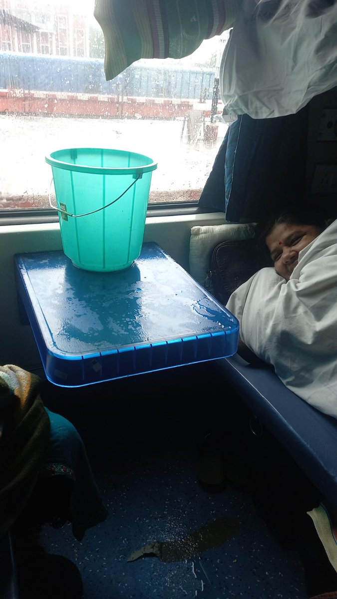 sid9798's tweet photo. @RailMinIndia @AshwiniVaishnaw 
Travelling with pnr no- 6123502260
Water is continuesoly falling in coach its impossible to sit. Kindly help me ASAP https://t.co/0vpMRpkfyz