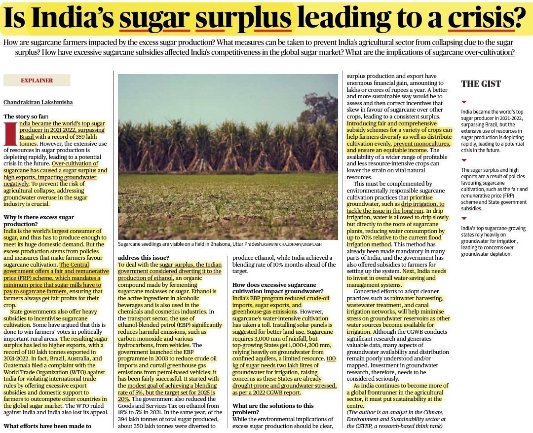 Is India's sugar surplus leading to a crisis?

Source: The Hindu 

GS-3: Economy & Agriculture
GS-2: Government policies and interventions for development in various sectors and issues arising out of their design and implementation.

#UPSC #sugarindustry #BPSC