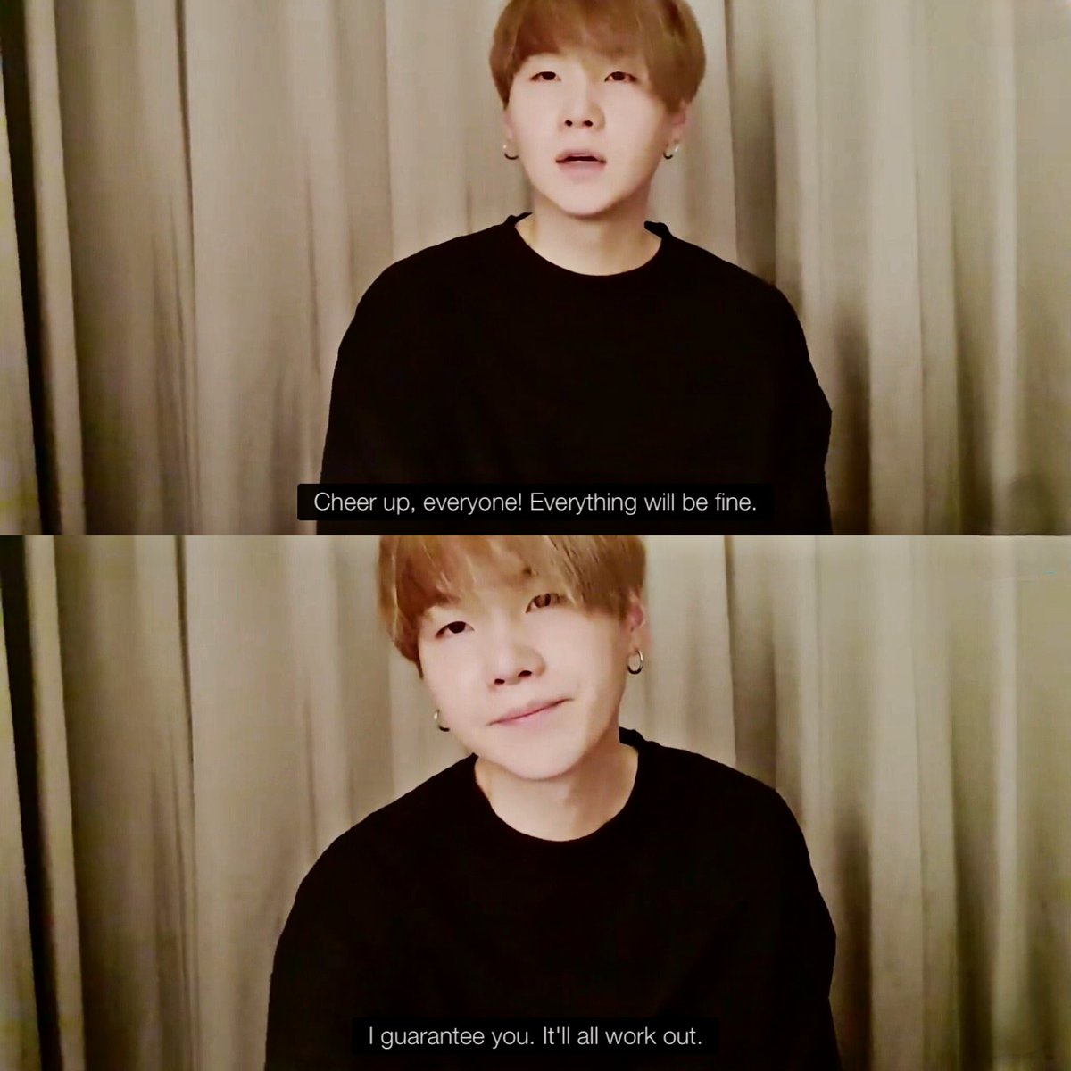'Cheer up, everyone! Everything will be fine. I guarantee you. It'll all work out.' — Min yoongi 😭🤍