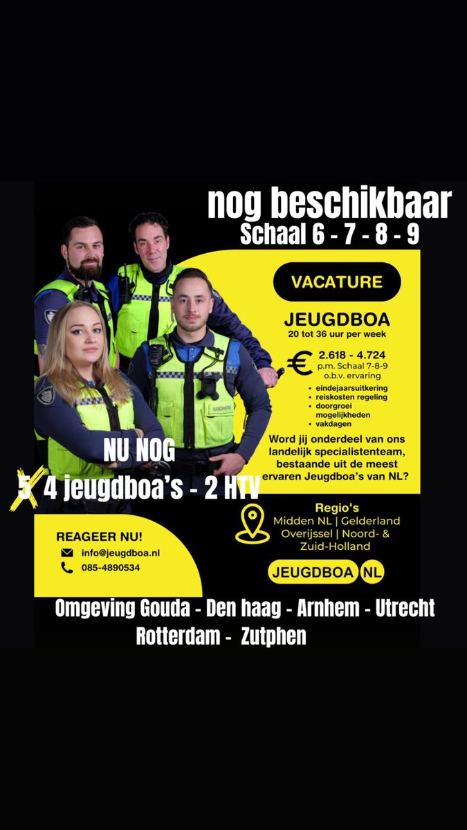 Word jij onderdeel van ons landelijk specialiste team, bestaande uit de meest ervaren Jeugdboa’s van heel Nederland? 

Solliciteer via info@jeugdboa.nl en wellicht spreken wij elkaar snel! 

#jeugdboa #vacature #landelijkspecialismeteam #jeugdprofessionals #aantrekkelijksalaris
