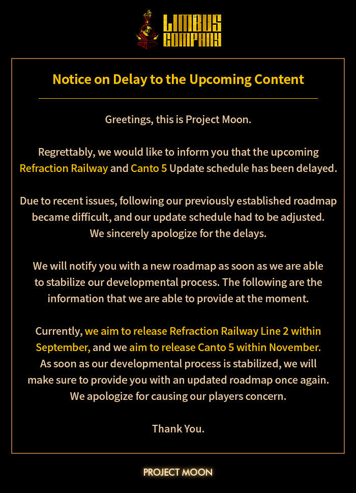 LimbusCompany_B's tweet photo. [ 컨텐츠 일정 연기 공지 ]
[ コンテンツ日程の延期のお知らせ ]
[ Notice on Delay to the Upcoming Content ]

https://t.co/XuE3r8GJfQ

#LCB #림버스 #LimbusCompany #リンバス https://t.co/GajHbfGM2J