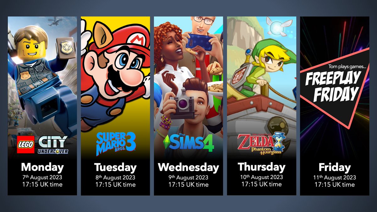 tomholt's tweet photo. Join me at 17:15 every day this week as we play more games! This week, we've got #LEGOCityUndercover, #SuperMarioBros3, #Sims4, #LegendofZelda #PhantomHourglass and our weekly spin of the wheel for Freeplay Friday! Subscribe/watch here: https://t.co/e0hTo4240e #YouTubeGaming https://t.co/NLrnanR0uc