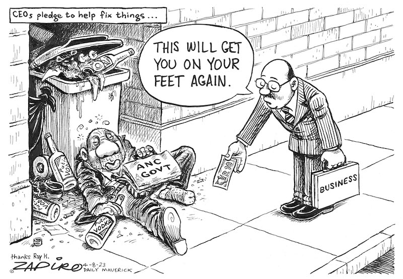 zapiro's tweet photo. Zapiro cartoon published @dailymaverick  (4 August 2023) on The Pledge #business @CyrilRamaphosa @PresidencyZA @MYANC  - https://t.co/5V1vKwdboe https://t.co/RFbFiNuZho