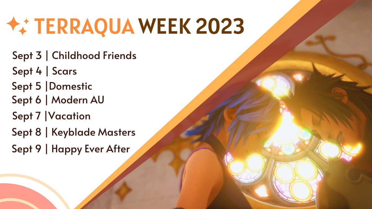 TerraquaDreams's tweet photo. —✨#TerraquaWeek2023 Prompts!✨
Can't wait to see what y'all have in store!🧡💙RULES BELOW!⤵
#kingdomhearts #kh #terraqua https://t.co/3AeyZfKhUL