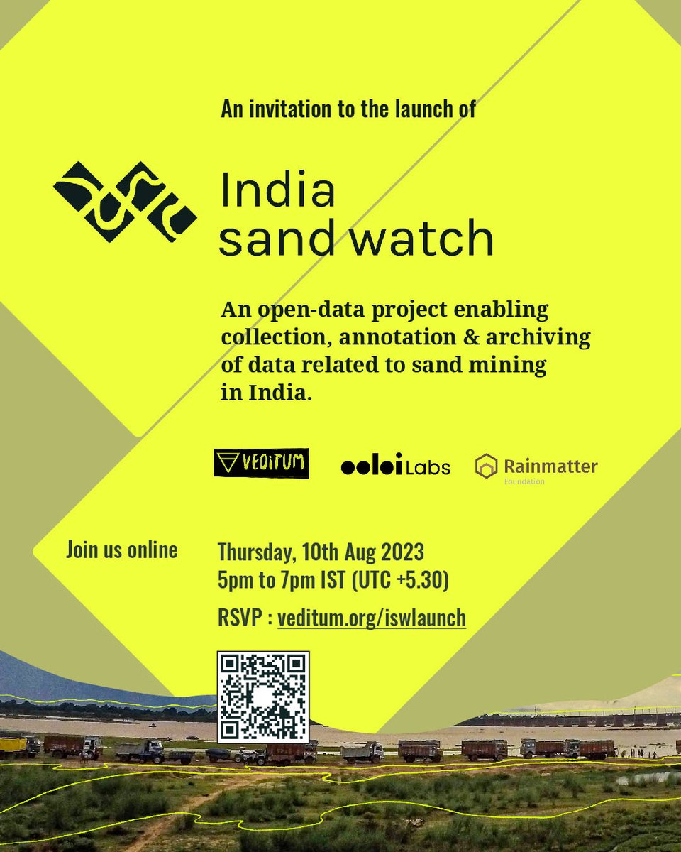 Join the launch of - <a href="/indiasandwatch/">India Sand Watch</a> by <a href="/veditum/">Veditum India Foundation</a> - built in partnership with Ooloi Labs, supported by <a href="/RainmatterOrg/">Rainmatter Foundation</a>

India Sand Watch is an open-data project enabling collection, annotation &amp; archiving of data related to sand mining in India

Register: veditum.org/iswlaunch