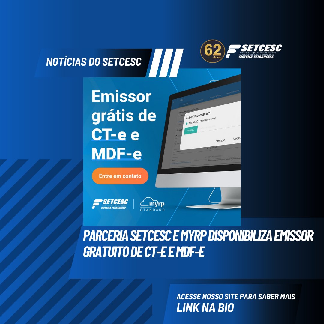 Parceria SETCESC e Myrp disponibiliza emissor gratuito de Ct-e e MDF-e
Clique aqui para saber mais: setcesc.com.br/noticia/parcer…