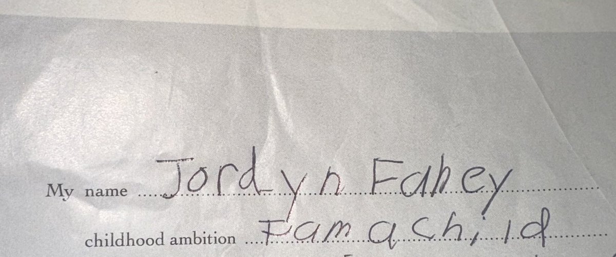 bigdanfahey's tweet photo. Just found a bunch of my old random papers and judging from this first answer to a People magazine questionnaire I’m thinking that nothing can ever top my 2nd grade comedic genius https://t.co/Km4soj0Mnb