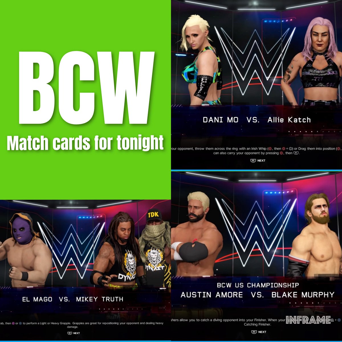 YNGEZgaming's tweet photo. BCW Tonight❗

[Match 1] 
#DaniMo vs @AllieKATCH 

[Match 2] 
#ElMago vs @iammiikeytruth  w/ @jaxon_roy #dynasty

[MAIN EVENT] 
#AustinAmore vs #BlakeMurphy 
for the BCW US CHAMPIONSHIP 🏆🇺🇸

#BCW #alliekatch #mikeytruth #jaxonroy #bcwuschampionship #yngezgaming #wrestling #mtl https://t.co/K2vMMtcSBv