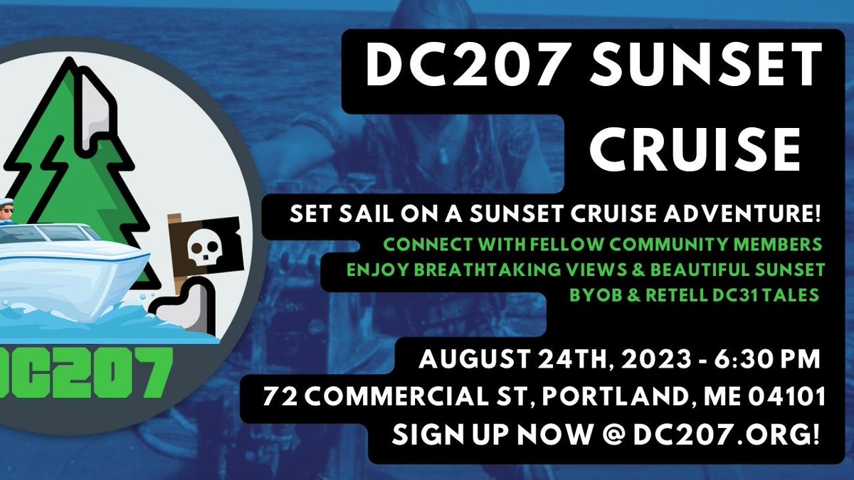 🌊🛥️ Ready for a memorable evening? Join #DC207 for a #DEFCON Sunset Cruise on Aug 24th! 🌅 Sail Casco Bay on a catamaran and mingle with fellow hackers. 🌐 Seats are LIMITED &amp; going FAST! ⏳ Act now to reserve your spot. 🎟️⚓ #CyberCruise #SunsetSailing #InfoSecEvents