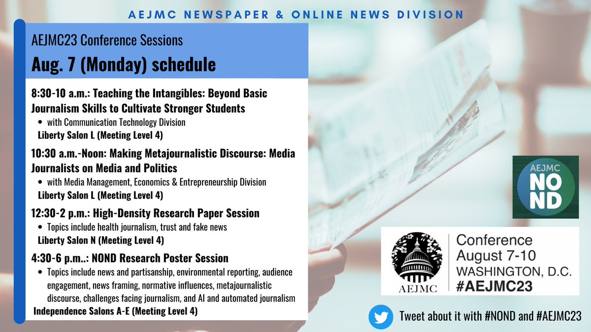 aejmc_nond's tweet image. It's Day 1 of #AEJMC23! Join #NOND all day long with our lineup:  a panel on teaching intangible skills, a PF&amp;amp;R panel with political journalists, and 2 research sessions!