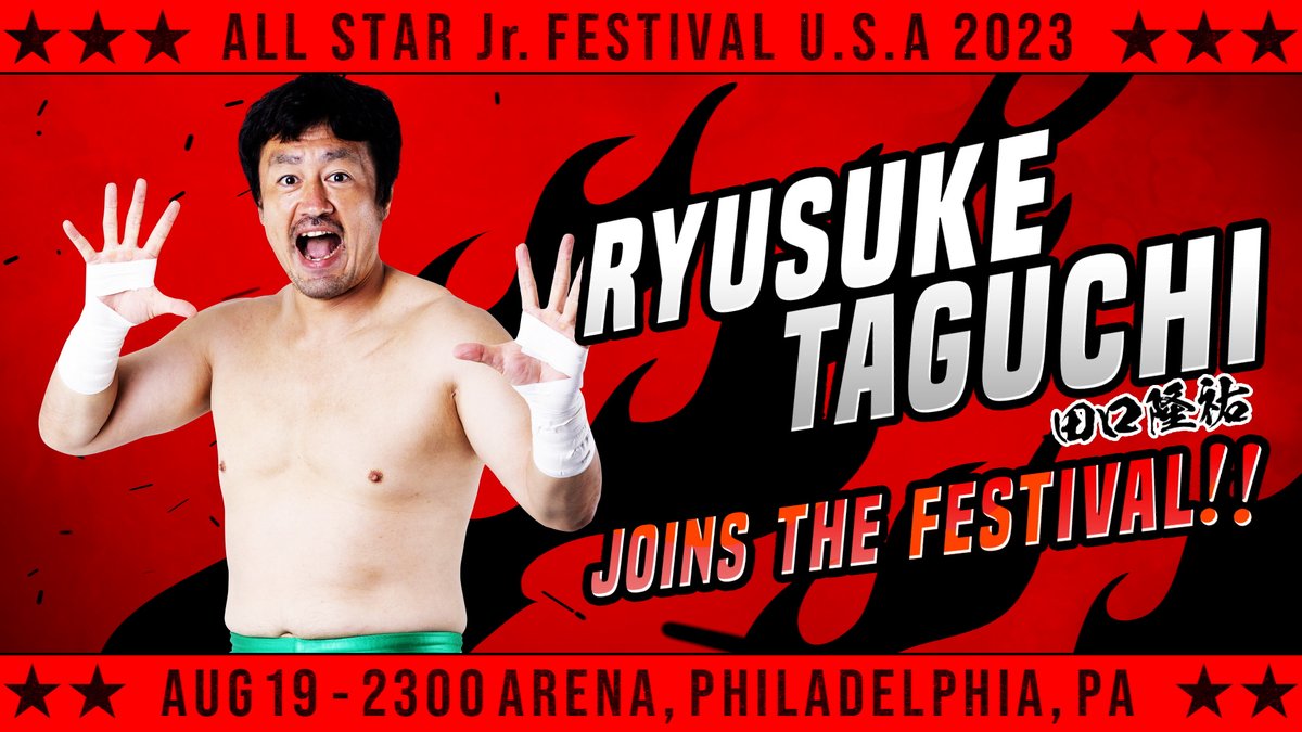 ASJF2023's tweet photo. LEC Presents All Star Jr. Festival U.S.A. 2023
August 19
2300 Arena Philadelphia

Current announced wrestlers

25 RYUSUKE TAGUCHI @taguchiryusuke
26 THE DKC @Dylankylecox
27 FUGAZ @FugazCMLL

PPV LIVE on@njpwworld https://t.co/oNfUFEQjxS

#ASJF2023 #njpwworld https://t.co/xbXnSF5ErV