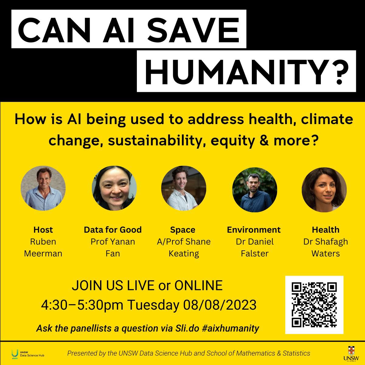 JOIN US tomorrow for 'Can AI Save Humanity?' Host @surfnscientist leads a discussion w/top researchers from @uDASH_UNSW + @UNSWScience School of Mathematics & Statistics on how AI is used to enhance human well-being + safeguard the future of our planet. eventbrite.com.au/e/can-ai-save-…