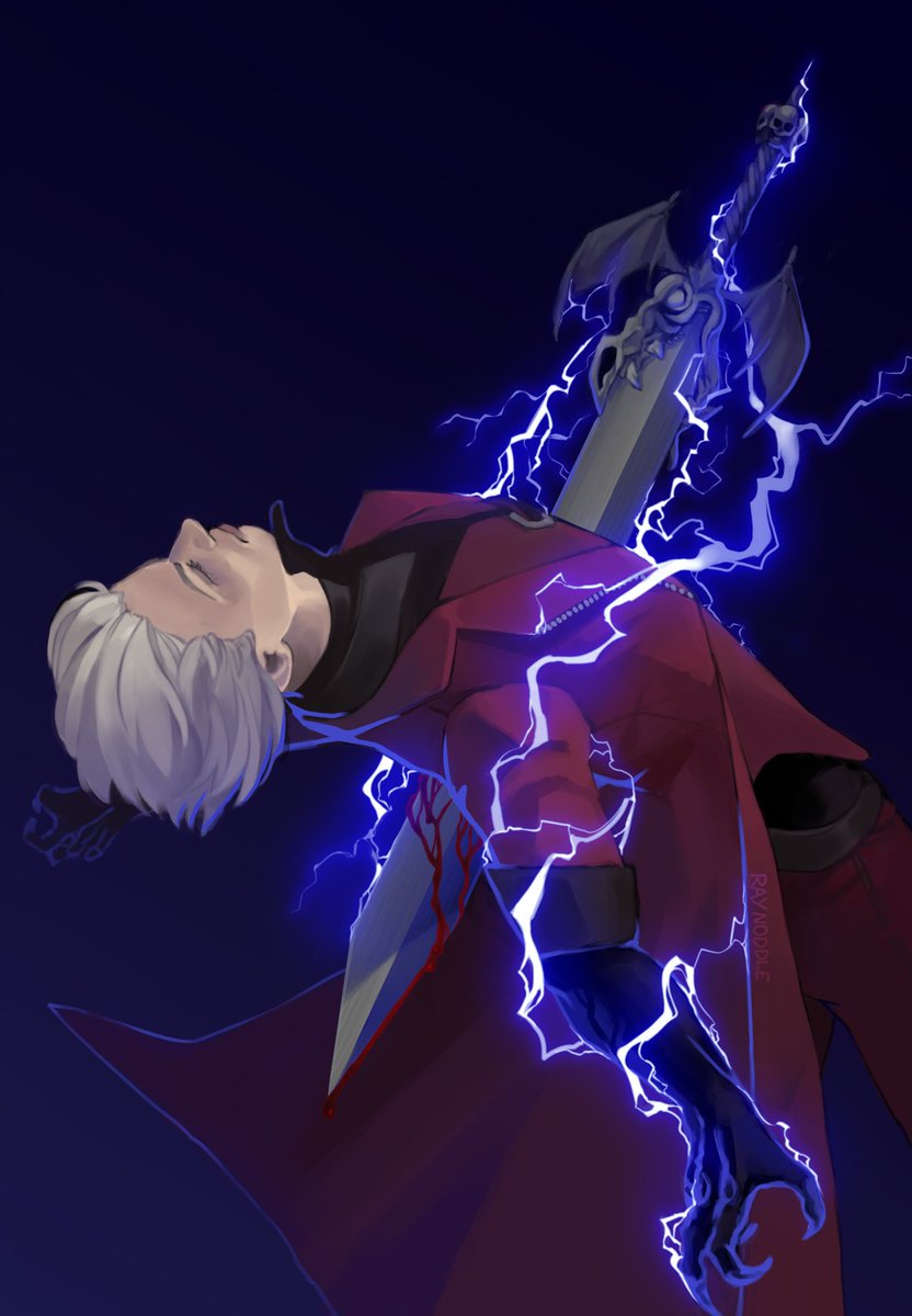 Ray_Noddle's tweet photo. Detail shot of DMC1 Dante being a drama queen when impaled by Alastor, for the dark blue slot of the color wheel challenge https://t.co/XwdUPkG08d