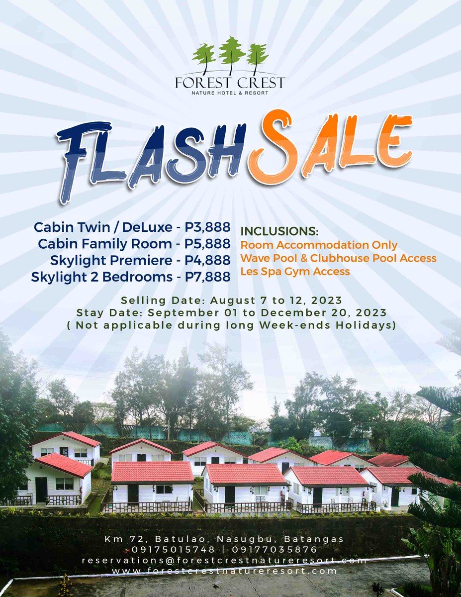 forest_crest's tweet photo. For as low as 1,472 pesos, relax and enjoy here at Forest Crest Nature Hotel &amp; Resort. Don’t miss out on this amazing opportunity! Book now!
For more inquiries call Us at 09175015748 | 09177035876
or Visit our website at https://t.co/yIMtK34T5F https://t.co/UlFYdPqZRL