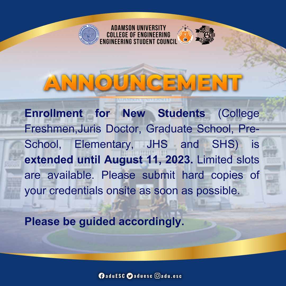 aduesc's tweet photo. #ESConnect

New Student Enrollment for College Freshmen, Juris Doctor, Graduate School, Pre-School, Elementary, JHS, and SHS is extended until August 11, 2023. 

Please be guided accordingly.

#OneCOE 
#ESCalate https://t.co/nkERWNSnXh