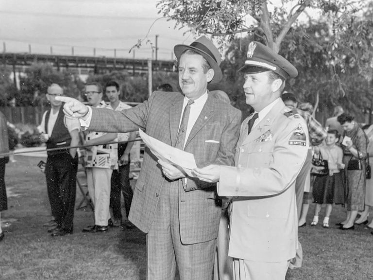 Photo of Capt. Homer Engle and Frank Nelson (Of the tv show I Love Lucy) at the Culver City Vets Memorial Park dated 3 May 1958.  This photo was found by LTC
@CWN_III
and was added to our 143rd Field Artillery collection. #militaryHistoey #Hollywoodhistory