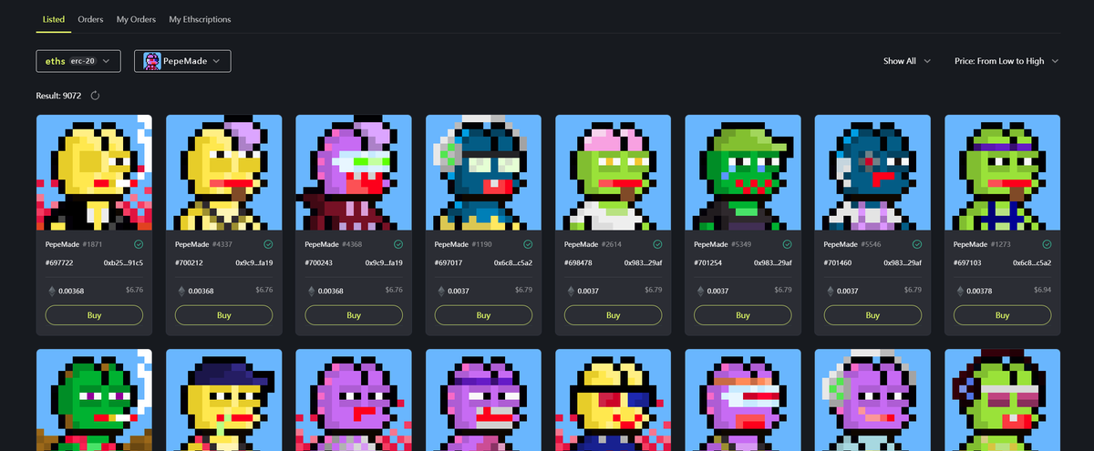 Our collection is listed in <a href="/EtchMarket/">Etch Market (🟡,🟡)</a> , search for PepeMade (please be case sensitive)🐸
etch.market/marketplace

Let's PepeMade to the mars🔥
#Ethscriptions #PepeMade