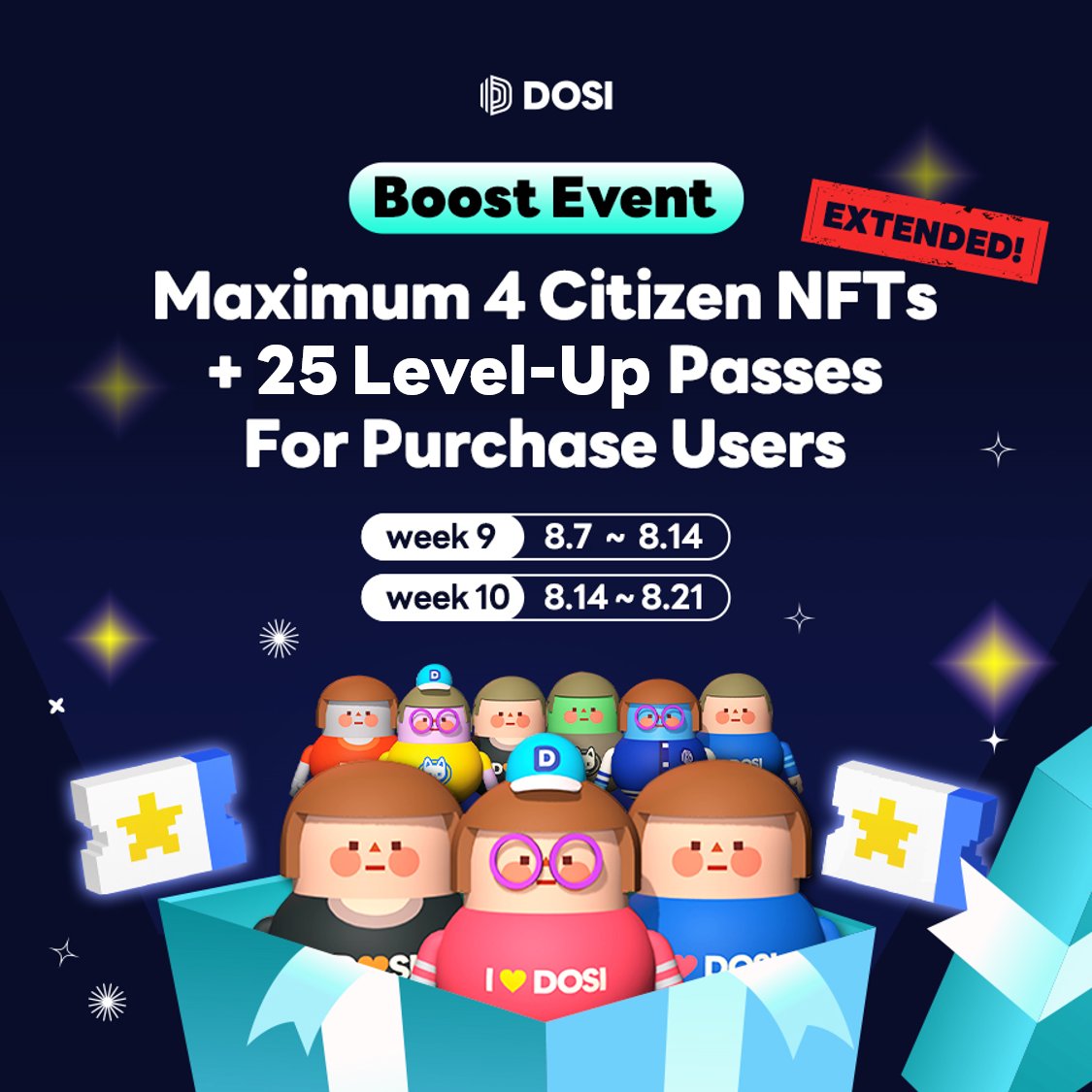 DOSI_official's tweet photo. 📢Time-limited Event for DOSI Purchases

For every $250 purchase DOSI Citizen Lv1 NFTs as a reward! 🔥25 Level-Up Passes🔥 in additional!

🗓️
Week 9 : 8.7 00:00 ~ 8.13 23:59 (UTC)
Week 10 : 8.14 00:00 ~ 8.20 23:59 (UTC)

🎁
Maximum of 4 Citizen NFTs per user

Details https://t.co/cvu5yG1mqH