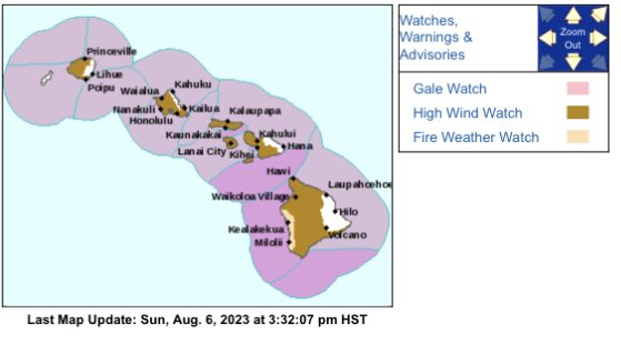 Hawaii_EMA's tweet image. High Wind Watch from Monday morning through Tuesday night has been expanded to cover parts of all major Hawai‘i islands except Ni‘ihau, with gusts to 60+ mph. Per @NWSHonolulu:“Damaging winds could blow down trees and power lines. Widespread power outages are possible.”