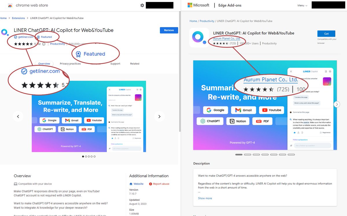 V77ZAI's tweet photo. @getliner This is the extension pages for both @getliner extension/addons. @googlechrome on the left @MicrosoftEdge on the right. The one on the right is by Aurum Planet Co., Ltd. - https://t.co/A5qF4pzBuQ redirects to https://t.co/0RVxzatpyq https://t.co/P2mlO9fq4b