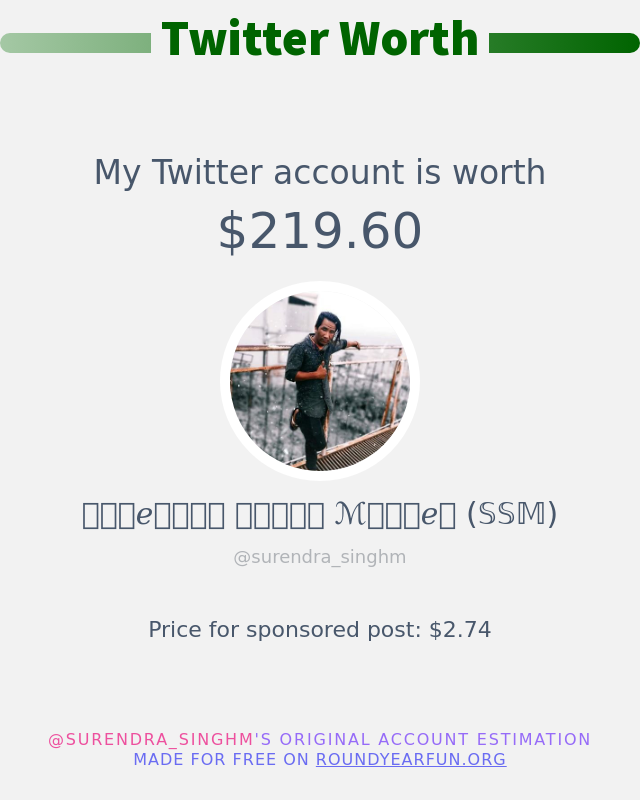 surendra_singhm's tweet photo. My Twitter worth is: $219.60

➡️ https://t.co/gLg6tsEsle https://t.co/ipvY9pxLqP