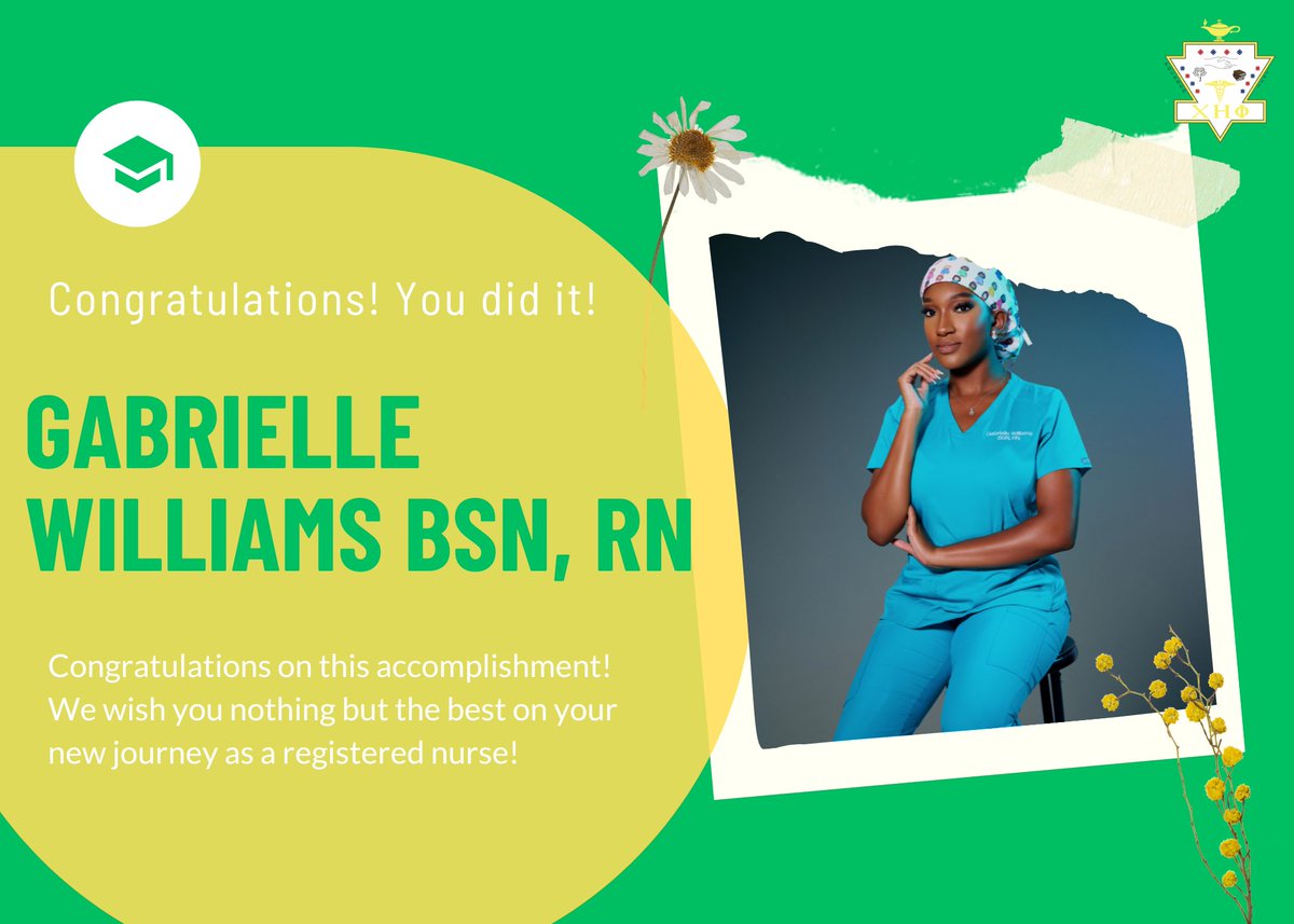 Congratulations Soror Gabrielle Williams BSN, RN on graduating and successfully passing NCLEX! She will be working as a Cardiothoracic Intensive Care Unit Nurse! 🎉💉💚💛