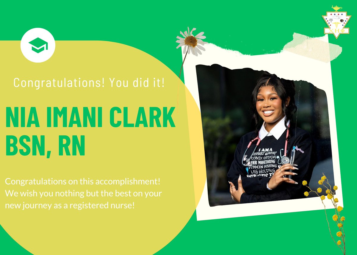 Congratulations Soror Nia Imani Clark BSN, RN on graduating and successfully passing NCLEX! 🎉💉💚💛 She will be working as a Labor &amp; Delivery Nurse!