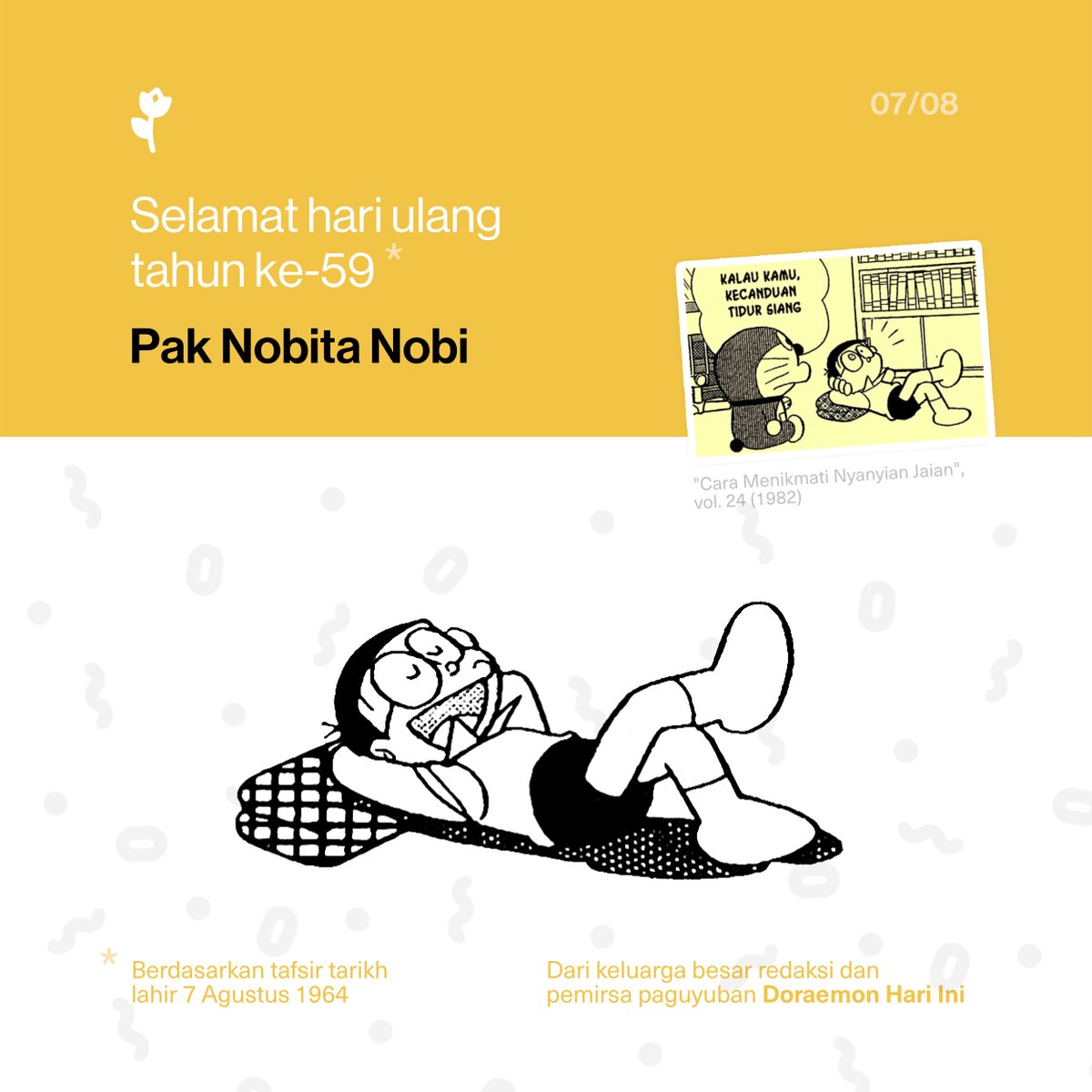 DoraemonHariIni's tweet photo. Hari ini 7 Agustus. Selamat ulang tahun Pak Nobita Nobi! 🎈

(Dan juga selamat hari jadi ke-9 kepada laman kebudayaan tersohor "Doraemon Hari Ini". 🧁) https://t.co/Wr03veMH43