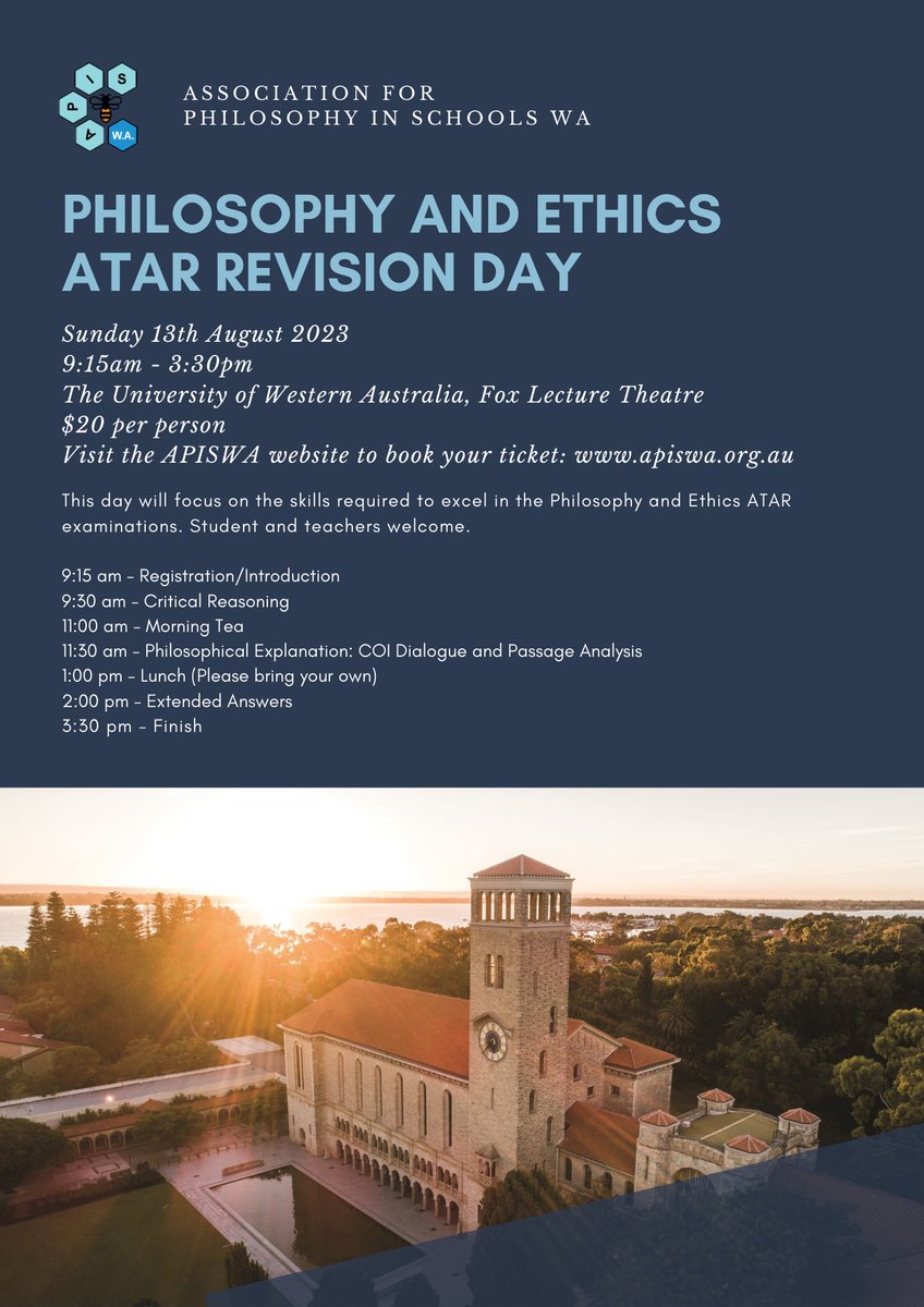 APIS - Association for Philosophy in Schools inc. (@apisinc) on Twitter photo This a fantastic opportunity to give yourself that crucial edge in the ATAR Philosophy & Ethics exam. Hear from prestigious UWA Academics & experienced teachers on how best to study, understand, & apply your knowledge in the WACE exams! Register now @ apiswa.org.au/workshops This a fantastic opportunity to give yourself that crucial edge in the ATAR Philosophy & Ethics exam. Hear from prestigious UWA Academics & experienced teachers on how best to study, understand, & apply your knowledge in the WACE exams! Register now @ apiswa.org.au/workshops