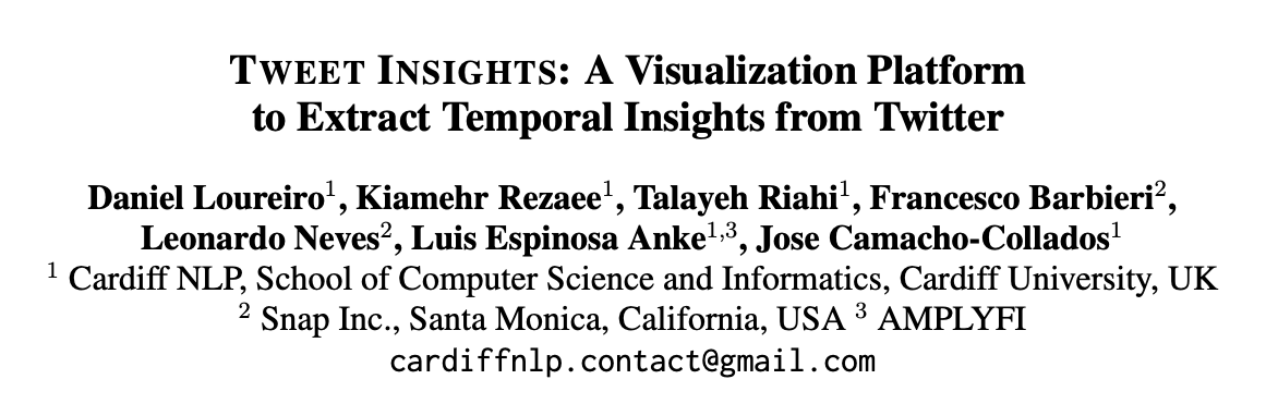 tweet_nlp's tweet photo. This work has been led by @danielbloureiro, and comes from the always fruitful collaboration between @Cardiff_NLP and @Snap!

There is now an accompanying demo paper summarising the main functionalities: https://t.co/YHO1qdA3Nh https://t.co/w811U9KeqP
