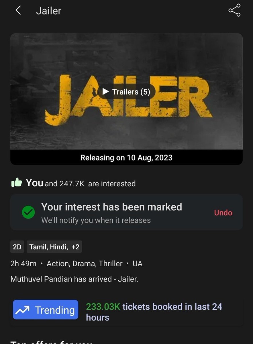 GopalArumugam7's tweet photo. #JailerTicketBookingUpdate 233030 tickets sold out within 24 Hours.... That's Power of SuperStar ⭐ https://t.co/fgkZ4muM6G