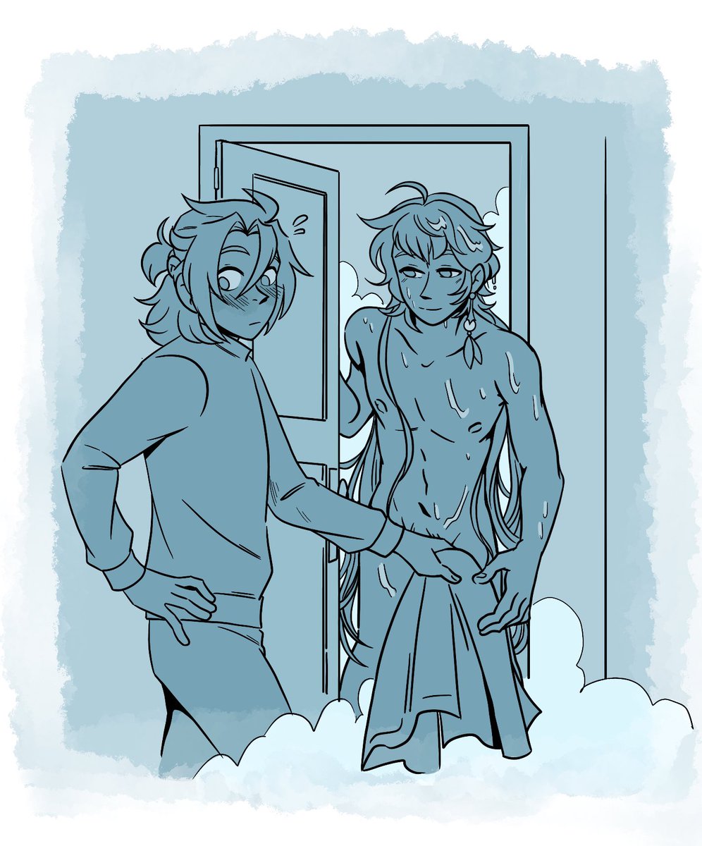 bo_beanies's tweet image. “Like what you see?” he said in a teasing tone of voice, accepting the offered towel. He then laughed softly. “...Just messing with you. Thanks for the towel.”
#AlbetherWeek2023 ✨ whirlwind illustrations, part 1 #Albether ( Genshin impact )
