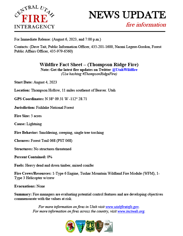FishlakeNF's tweet photo. Fire Information for Thompson Ridge Fire
A lightning-caused fire that started Aug. 4, 11 miles Southeast of Beaver, Utah
Currently, is 200 acres (As of 6:30 pm, Aug 06, 2023)
Please go to https://t.co/JO37psAYn0 for more information
#thompsonridgefire #fishlakenf https://t.co/gHDG2CFpJ3