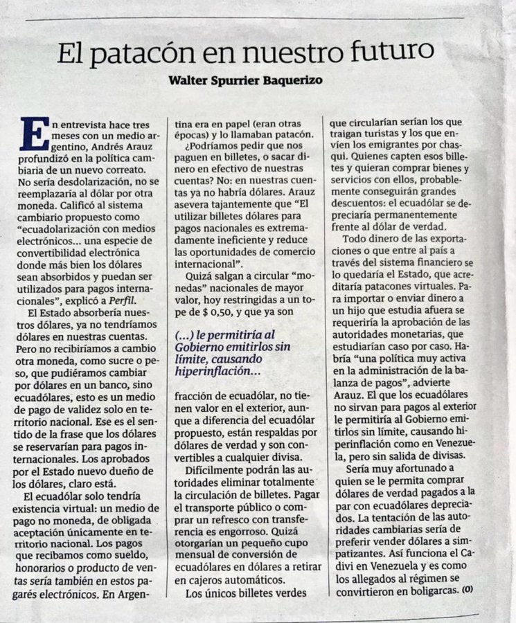 lahistoriaec's tweet photo. No a la Ecuadolarización de @ecuarauz. El analista económico Walter Spurrier rechaza la propuesta que hace el vicepresidenciable correísta sobre el futuro de la dolarización. Dice que pretende instaurar los mal recordados "patacones" argentinos. https://t.co/3Akb9jY5hH