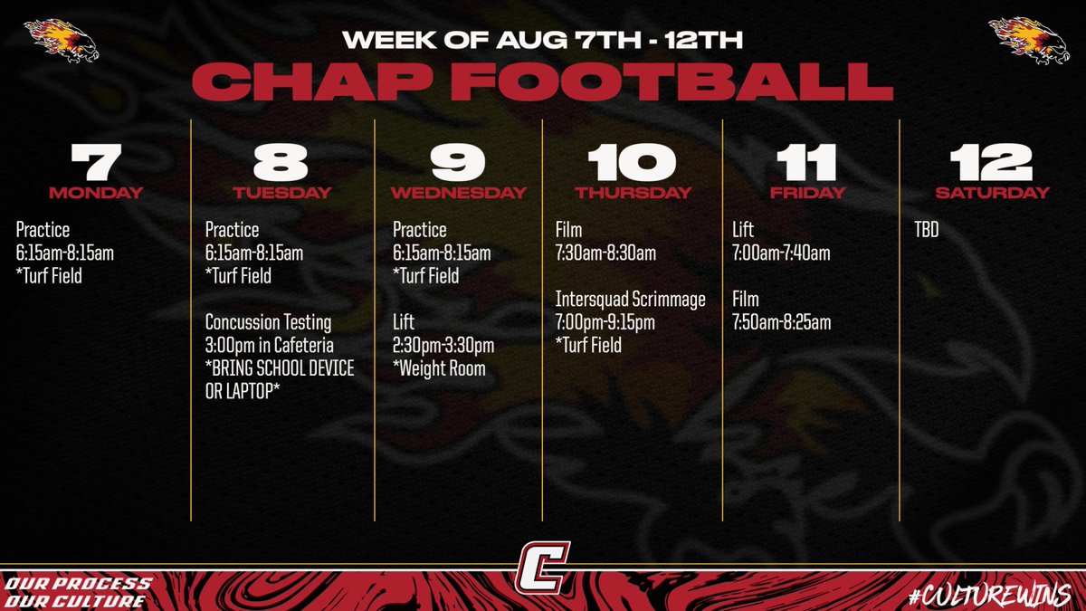 Chap Football Varsity Schedule for the week...