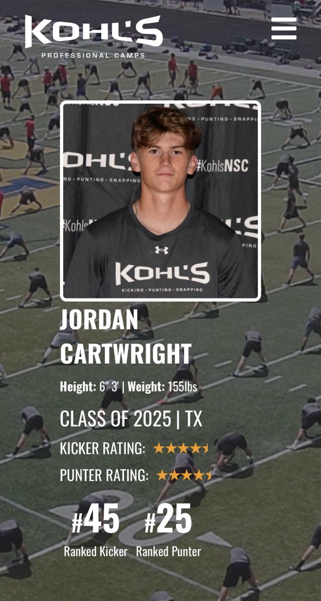JordanC2025's tweet photo. I am so blessed to become a 4.5 ⭐️ kicker and punter. Now ranked number 25th in the nation for punting and 45th in the nation for kicking. Thanks to @KohlsKicking for giving me all the opportunities to make this happen! @RockHill_FB @KohlsHighlights https://t.co/vK8TyReqPO