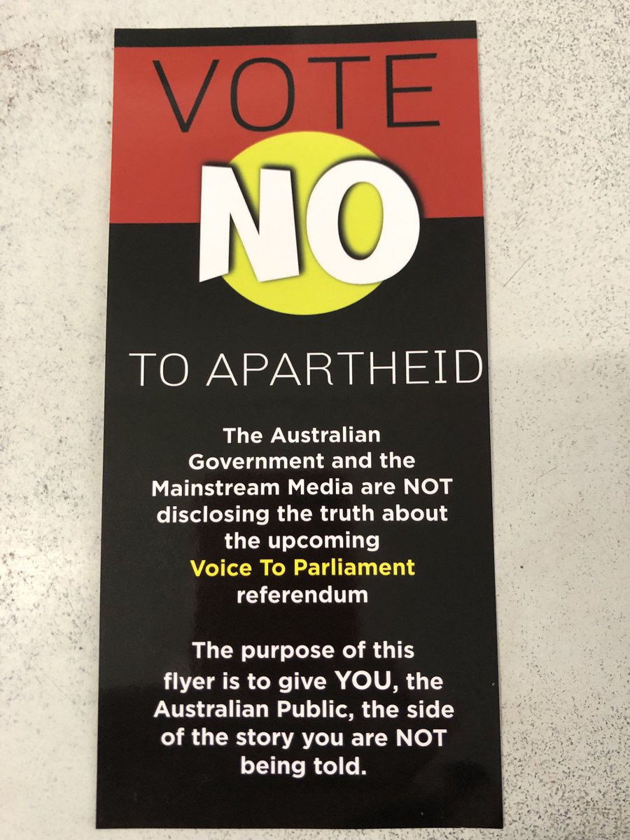 Maggiewi's tweet photo. This appalling and malicious flyer has just been dropped into my letter box! It is full of lies and utterly patronising to First Nations people. #auspol #TheVoice #Yes24 https://t.co/R9Q228xJYA