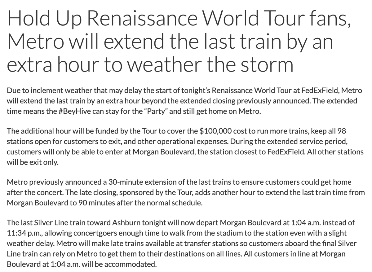 ChuckyT3's tweet photo. #RENAISSANCEWorldTour #FedExField #MdWeather #wmata — Because of bad weather at FedEx Field, Beyoncé's tour pays the $100,000 it takes to keep Metro trains running past the already-extended time that Metro had planned tonight. Last train now leaves the Morgan Blvd. station 1:04am https://t.co/gYxyLaiWZY
