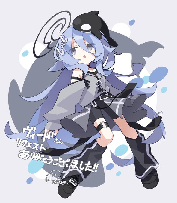 skebであいだ(#pkochazukegamma  )先生にオリキャラのノノたゃを描いていただきました! ノノたゃ本人の可愛さも然ることながら、構図とか背景のシャチがとても素敵で良きですなぁ!?#ヴィヴラート 