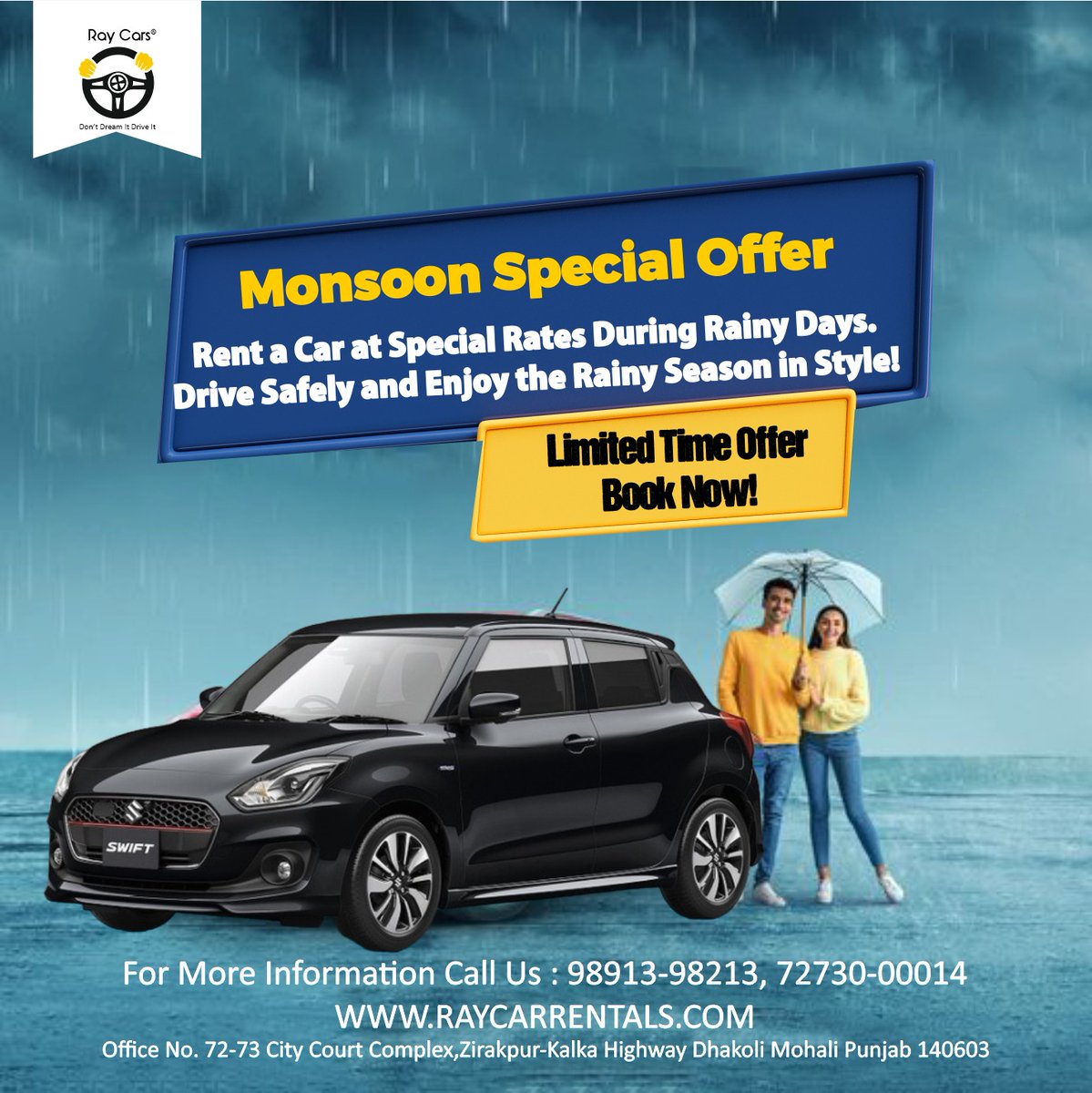 📷📷 Monsoon Special Offer 📷📷
Embrace the rains with Ray Car Rentals' Monsoon Special! 📷 Drive safely and enjoy the rainy season in style with our special rates for rainy days. Limited time offer, so don't miss out! Book now and let the adventures begin! #MonsoonSpecial