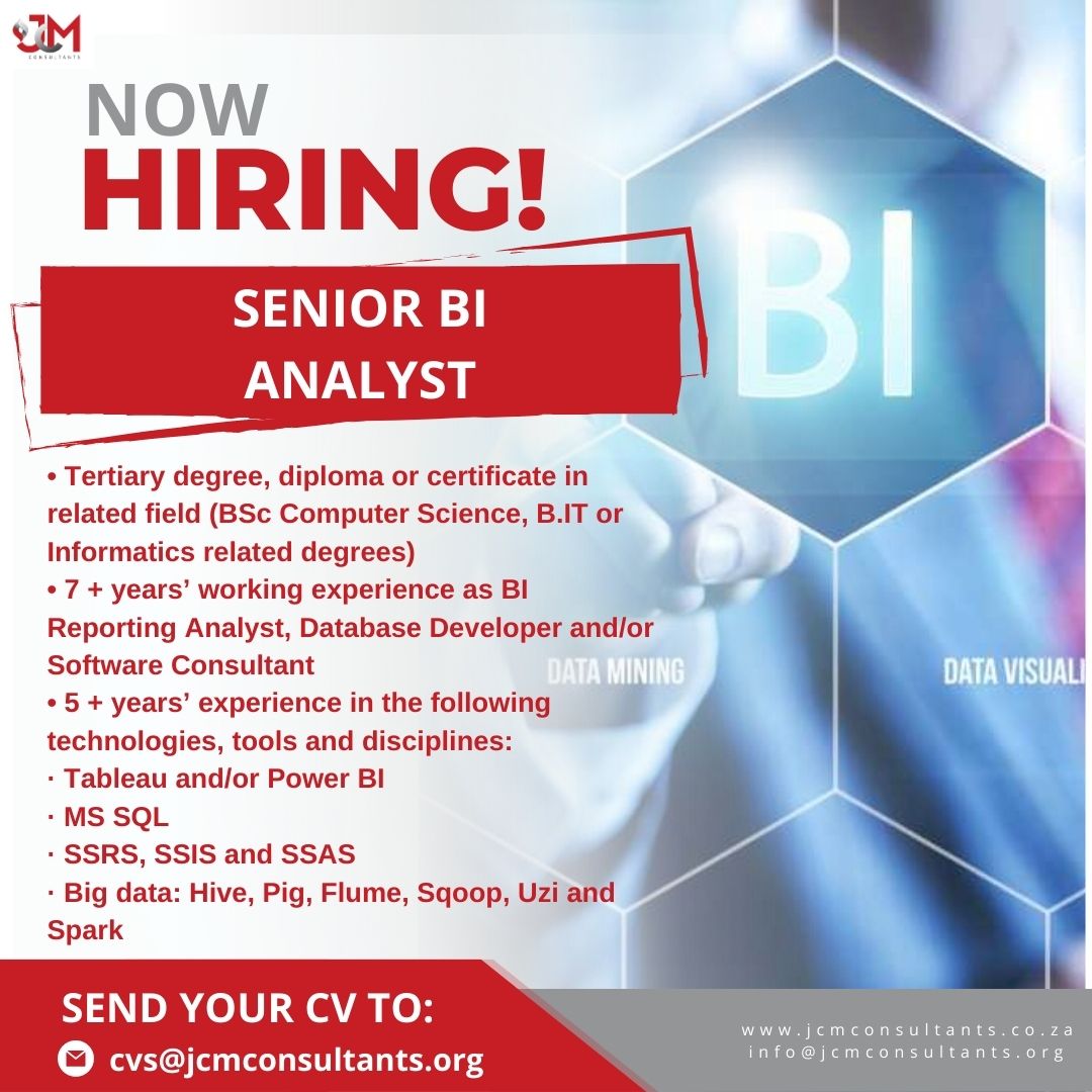 Our client is looking to fill the position of Senior BI Analyst. 

✅️ Based in Centurion or Cape Town 
✅️ Permanent position 
✅️ R80 000.00 per month

Please email CV's directly to cvs@jcmconsultants.org 

#BIanalyst #careers #PowerBI
