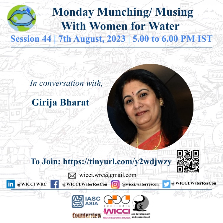 waterrescon's tweet photo. Greetings! We welcome you to another session on Monday Munching/ Musing with Women for Water to acknowledge and appreciate water endeavours. This August, 7th, at 5.00 PM IST, we are having  Girija Bharat. The joining link is https://t.co/bSWge6ctM4 Please circulate. Thank you https://t.co/IGwlz8nizL