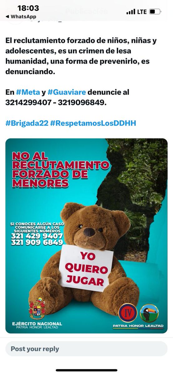 PORCOAMIBR22's tweet photo. #COAMIBR22 se une a la campaña  institucional  NO AL RECLUTAMIENTO FORZADO DE MENORES, es un crimen de lesa humanidad, denuncie. En #Meta y #Guaviare  al 3214299407-3219096849 #BRIGADA22 #RespetamosLosDDHH https://t.co/0qTrqLfbAk