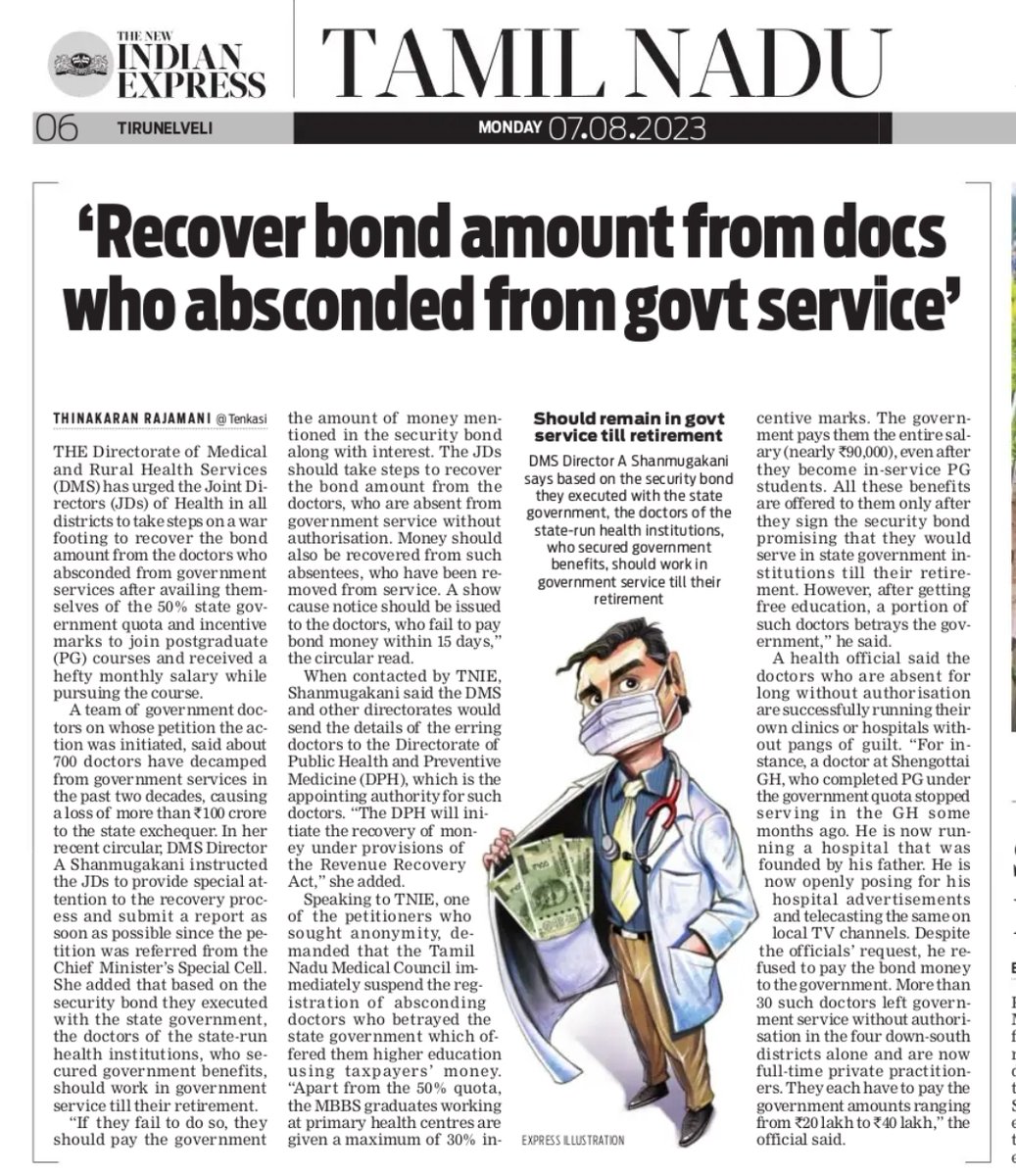 thinak_'s tweet photo. A team of govt. doctors who petitioned @CMOTamilnadu @Subramanian_ma  says about 700 govt. doctors absconded from government service after enjoying 50 % State govt. quota & incentive marks (up to 30 %) for PG courses and hefty monthly salary (up to Rs 90,000) while pursuing their course. These doctors violated security bond & betrayed State government causing abt Rs 100 crore loss to exchequer, they added.
1. Such doctors execute security bond with the State govt. promising that they would serve in govt. health institutions till retirement because they want State government's quota, incentive mark & free education with hefty salary from taxpayers' money. They should pay security amount (about 20 to 40 lakh with interest rate) if they want to leave the govt. service
2. However, they unauthorisedly escape from the govt. service to run their own clinic/hospital or become full-time private practitioner without paying security amount.
3. Knowing all these, Tamil Nadu Medical Council, DMK & AIADMK governments remained mute spectators for decades. The influence of these erring doctors' lobby in Tamil Nadu government entities is unimaginable.
4. A section of government doctors are continuously pressing State govt. for recovery of security amount from erring docs. Now health department has initiated the recovery process.