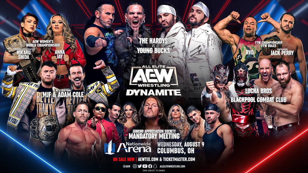 This WEDNESDAY NIGHT on an EPIC #AEWDynamite LIVE from Columbus, OH at 8/7c on @tbsnetwork! - @Youngbucks v #TheHardys - #LuchaBros @reyfenixmx & @PENTAELZEROM v #BCC's @JonMoxley & @claudiocsro - We'll hear from @AdamColePro & #AEW World Champ @The_MJF & much more!