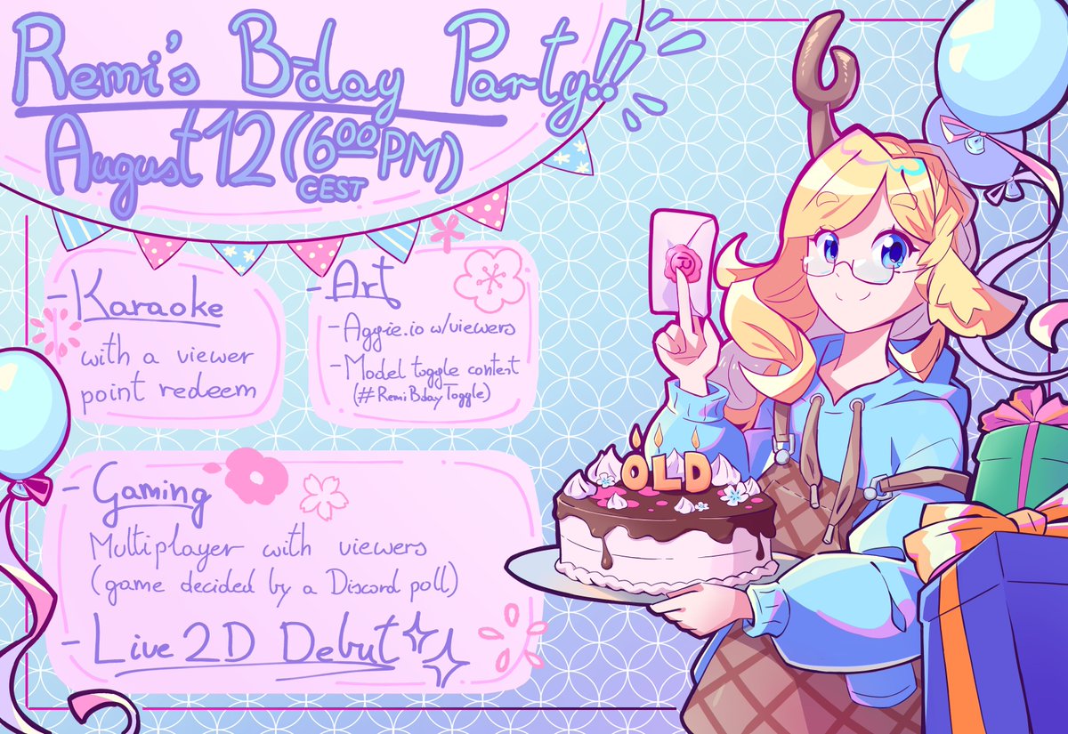 Mark your calendars it's this time. It's....
my ✨BIRTHDAY STREAM ✨!!

This Saturday at 6PM (CEST), I'll be celebrating my birthday with some karaoke, art, games - all with viewer participation! All with my very own Live2D model!
(1/2)